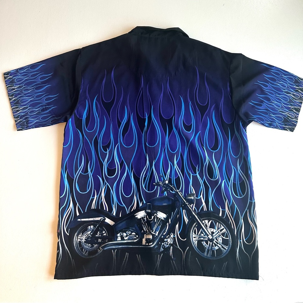 Men’s Biker Flames Fire Shirt‎ Blue Purple Size L Dragonfly Roadhouse Motorcycle